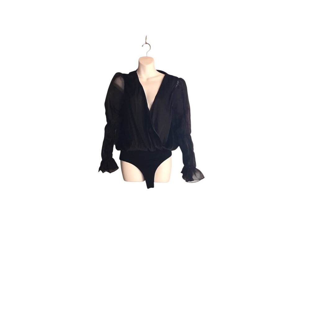 Lalavah Black Long Sheer Sleeve Bodysuit